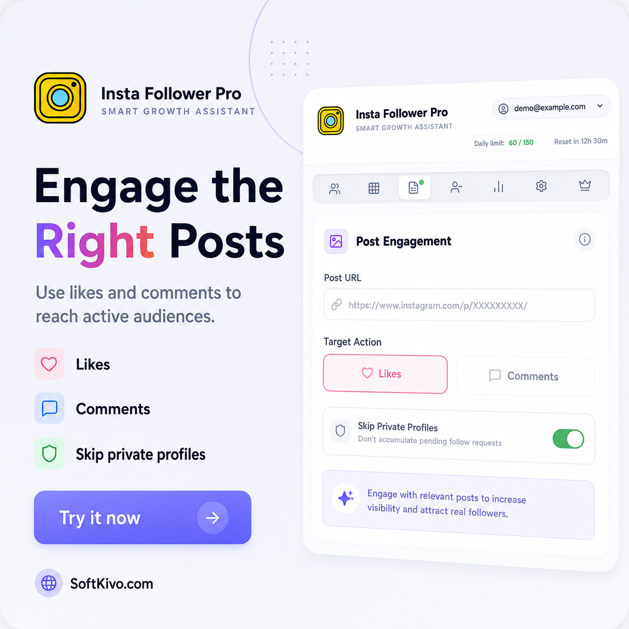 Insta Follower Pro post engagement workflow for likes and comments