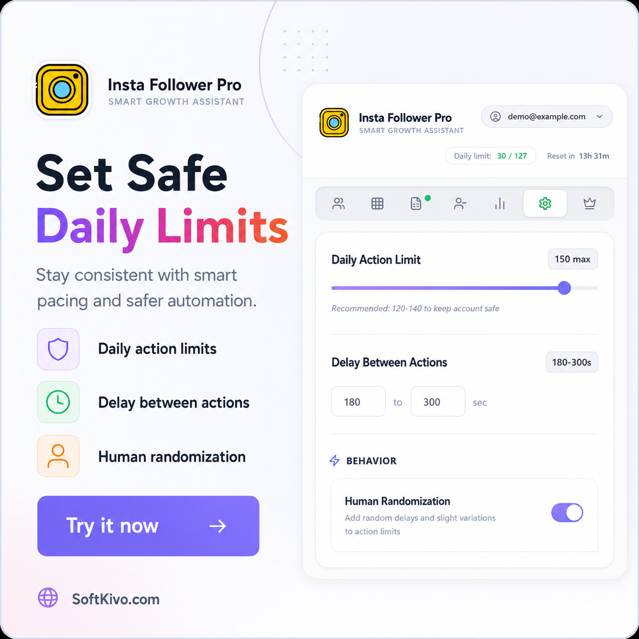 Insta Follower Pro daily action limits and action delay controls