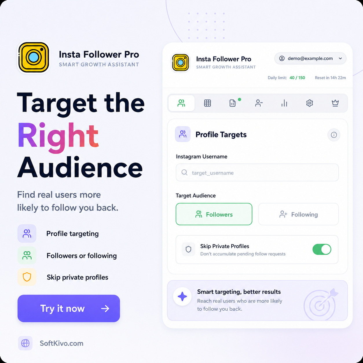 Insta Follower Pro profile targeting workflow with followers and private profile controls