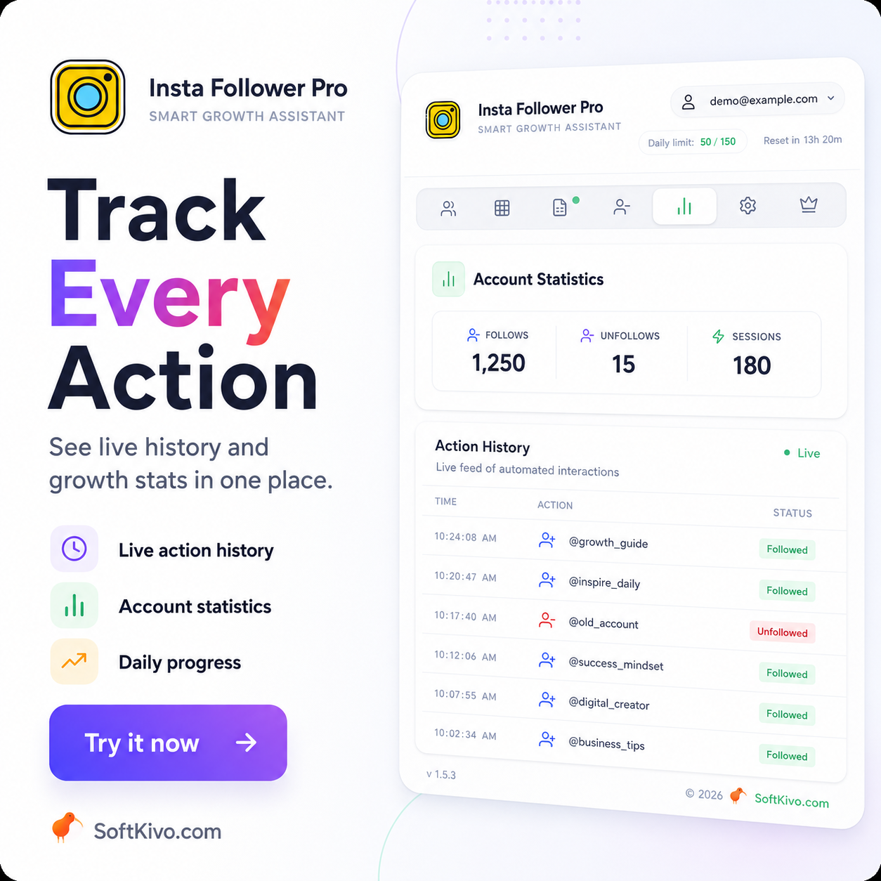 Insta Follower Pro action history and account statistics dashboard